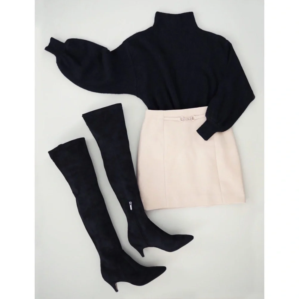 Sam Edelman Kristie Over The Knee Black Suede Kitten Heel Zip Up Point Toe Boots - Picture 15 of 16